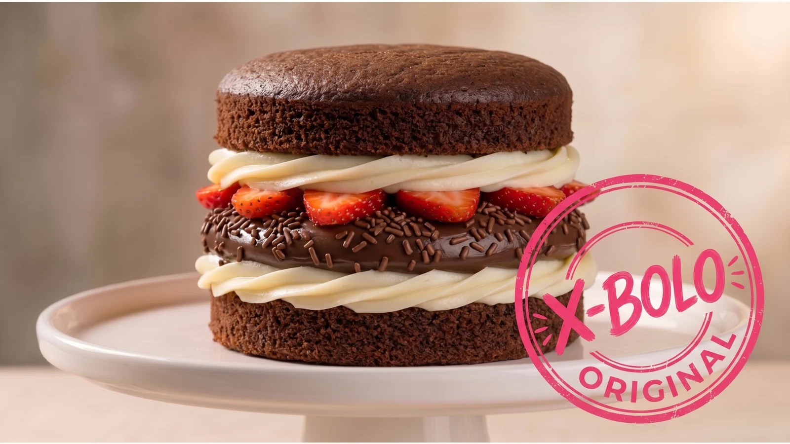 X-Bolo Brigadeirão original com massa de chocolate, brigadeiro, creme de Ninho e morango